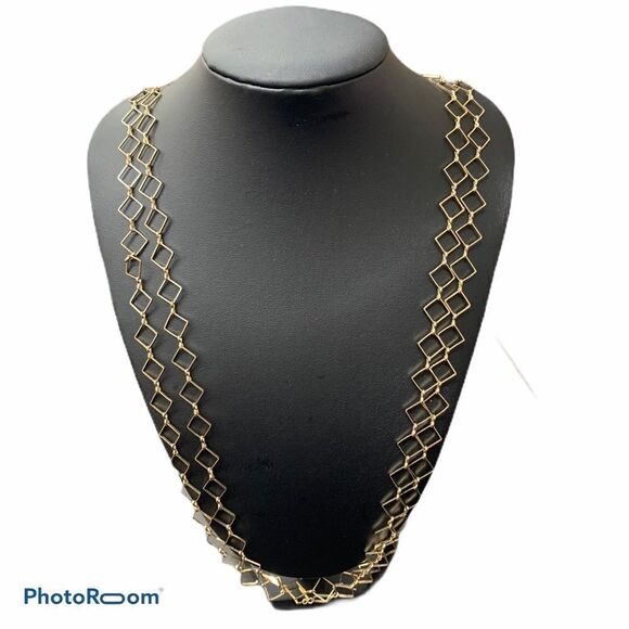 Gold Geometric Square Link Long Necklace - Picture 1 of 3
